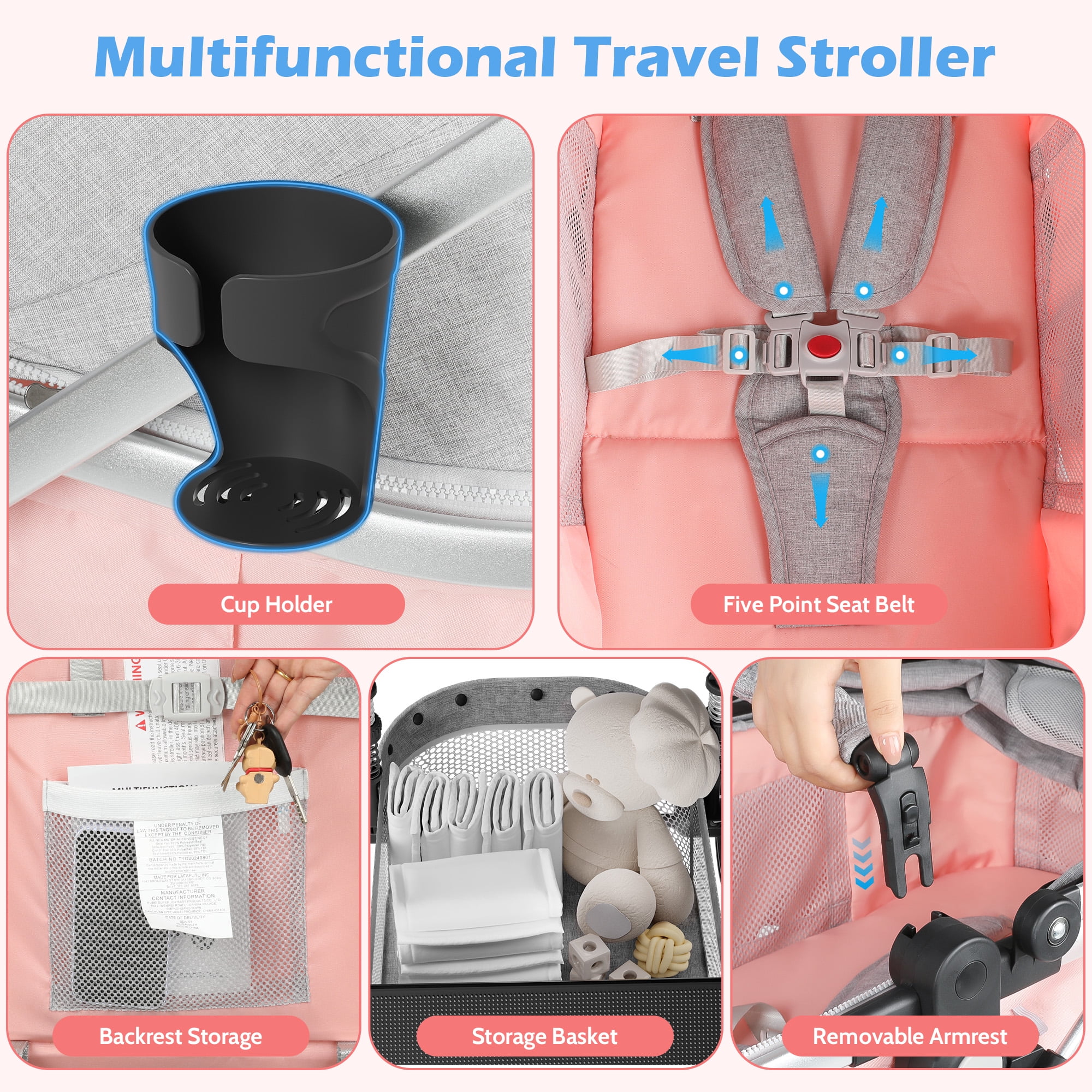 babyeap 2 in 1 Baby Stroller, Foldable Lightweight Carriage Reversible Bassinet Pram for Toddler, Travel Stroller with Cup Holder, Storage Bag, Pink