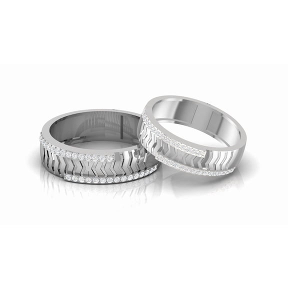 Auory Chevron Patterned, White Gold Plated Couple Rings with Moissanite Borders