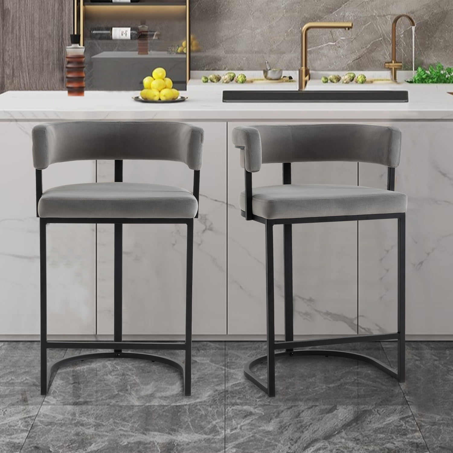 Rongbuk Set of 2 Modern Velvet Bar Stools with Barrel Backrest, 25.6 inch Velvet Counter Height Stool, Sherpa Upholstered Kitchen Island Chair, Ideal for Counters, Home Bars and Kitchen Islands