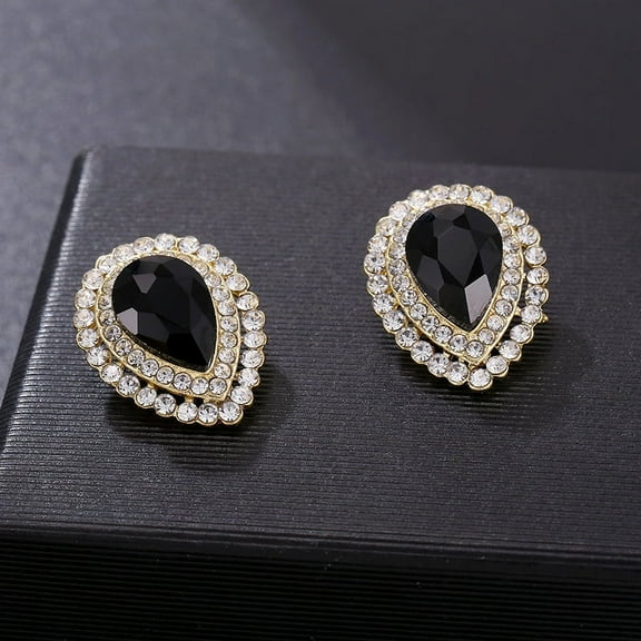 Clip on 1" gold, clear & black stone teardrop earrings