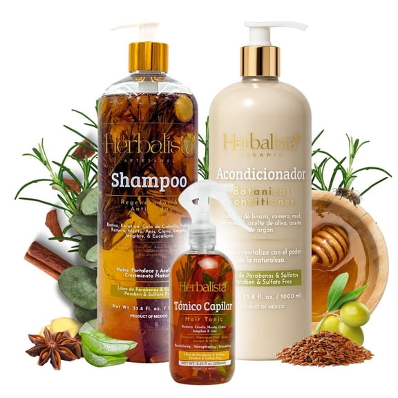 Herbalista Viral 3 Pack Herbal Hair Care Bundle – Shampoo & Conditioner 1000ml (33.8 fl oz) Each   Tonico Capilar 250ml – With Real Botanicals – 3 Piezas Shampoo & Acondicionador   Tonico Capilar.