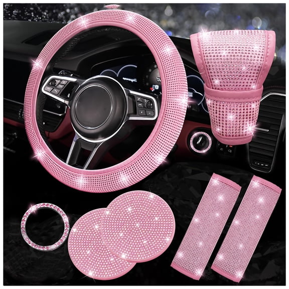 7 Pcs Cute Pink Bling Car Accessories Set for Women, Girly Rhinestone Steering Wheel Cover with Seat Belt Covers, Gear Shift Cover & Coasters, Universal Fit Most Cars