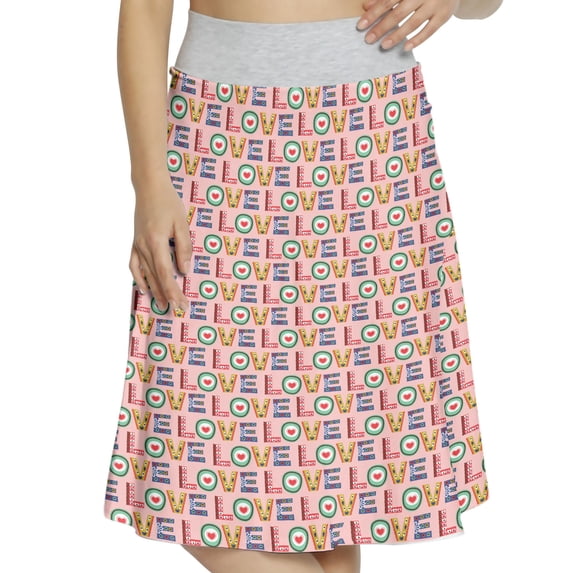 Women's Valentines Abstract Boho Love Word A-line Printed Skirt Casual Wear, XL, Blush Multicolor, by Ambesonne