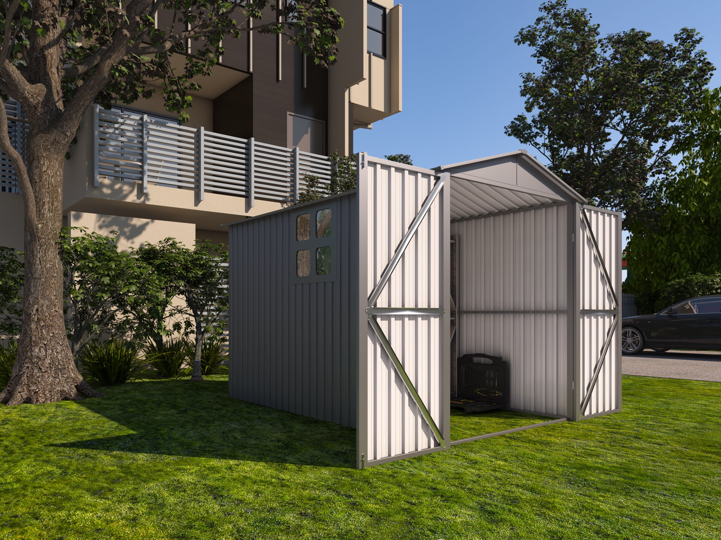 Mintazer 10×6ft Outdoor Motorcycle Storage Shed with Window, Large Garden Tool Storage Building for Backyard Lawn Patio, Gray