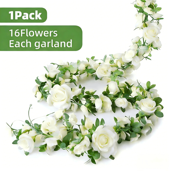 Syvvy 1Pc Artificial Rose Flowers Vine,7.6ft Fake Floral White Rose Vines,Realistic Garland for Table,Wedding Backdrop Arch, Mantle Decor