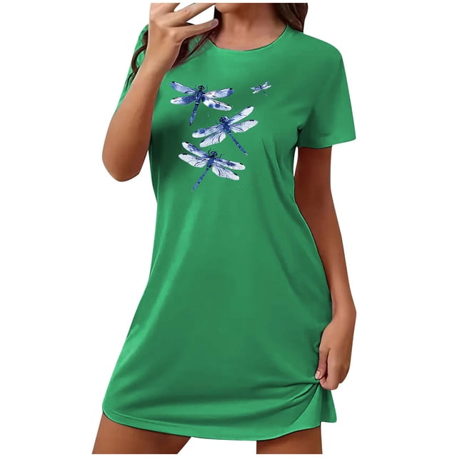 Mrat Pyjama d'Été pour Femmes 2024 Nuisette Courte Surdimensionnée pour Femmes Mode Imprimé Poitrine Manches Courtes Robe de Nuit P-88 Vert TG