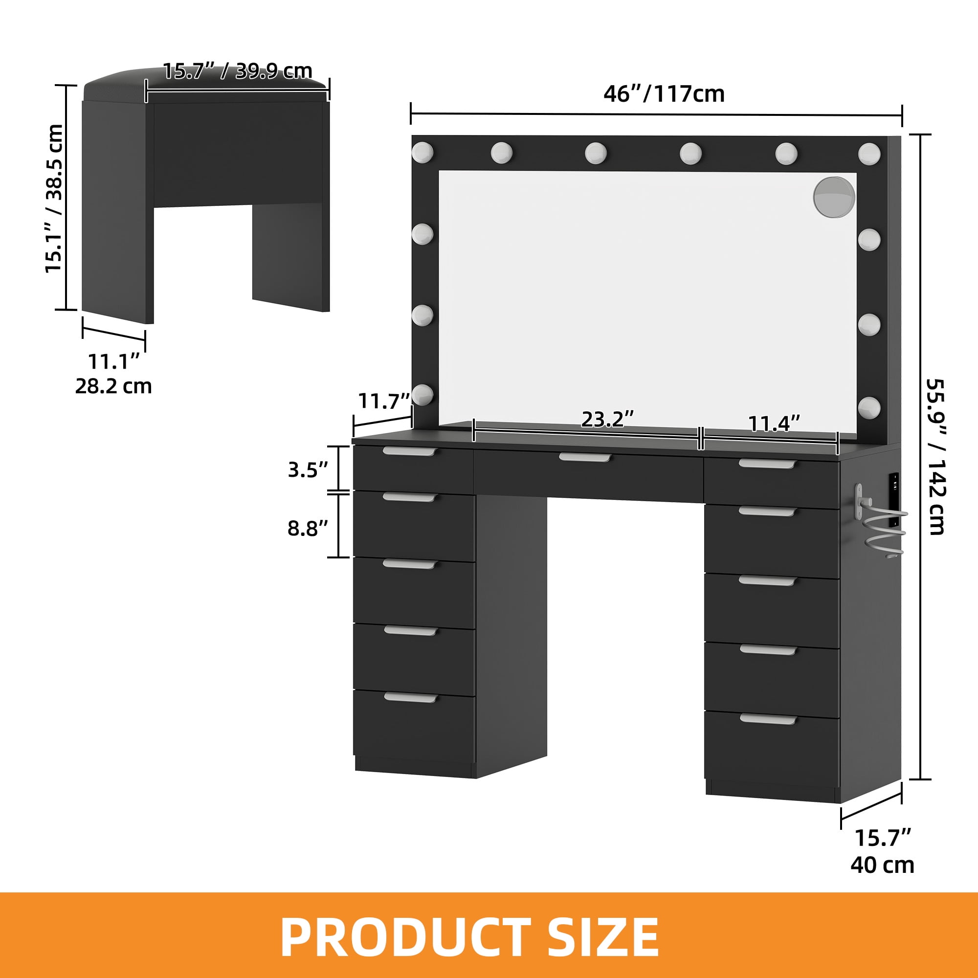 Uforic Vanity Desk with 12-Bulb Mirror, Charging Ports, 11 Drawers, Hair Dryer Holder, Storage Stool, White