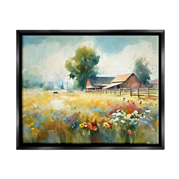 Stupell Industries Barn in Meadow Painting Landscape Painting Black Floater Framed Canvas Art Print Wall Art, 21 x 17
