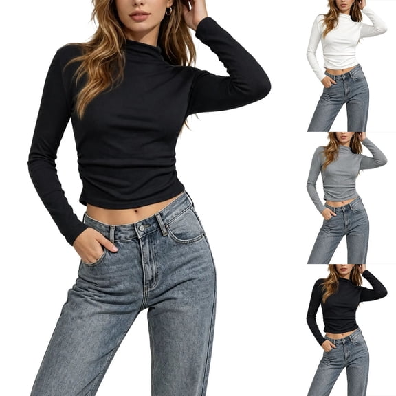 XRoczxe Women's Mock Neck Long Sleeve Crop Top, Slim Fit Ribbed Knit T-Shirt, Casual Solid Color Basic Tee for Fall Winter Daily Wear Layering