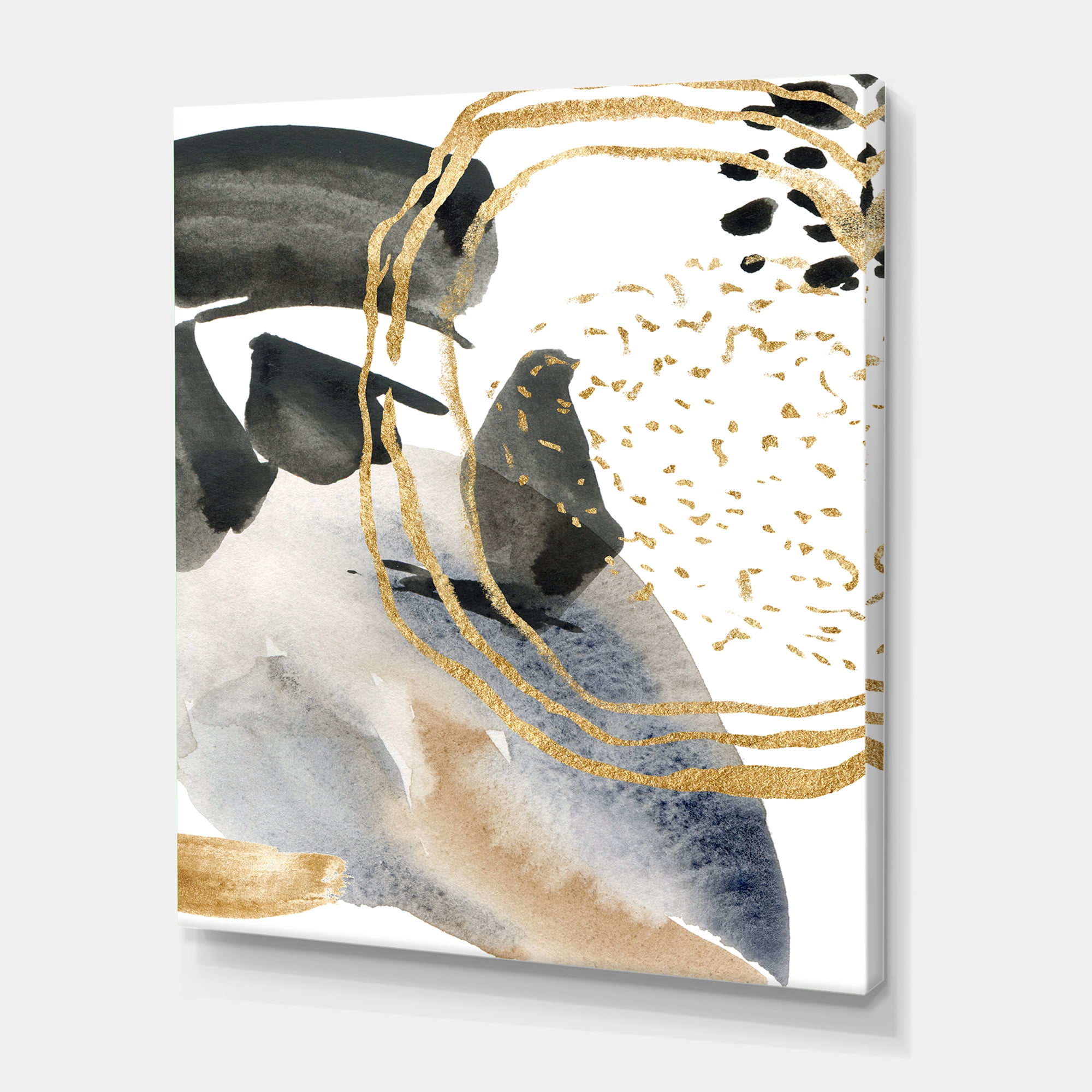 Pastel Abstract With Black Blue Beige and Gold Spots 12 in x 8 in Painting Canvas Art Print, by Designart