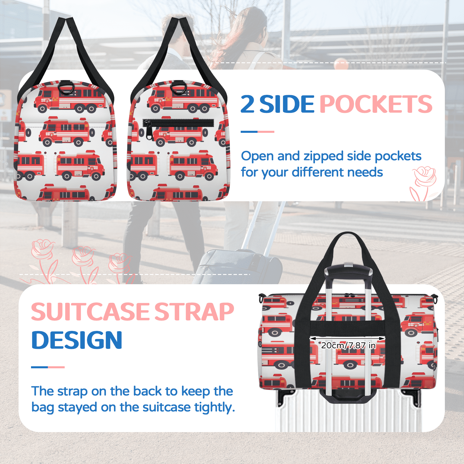 Herdesigns Fire Trucks Gym Bag for Women, Duffle Bag for Travel Sport, Car Lightweight Waterproof Carry on Weekender Dance Yoga Workout Bags