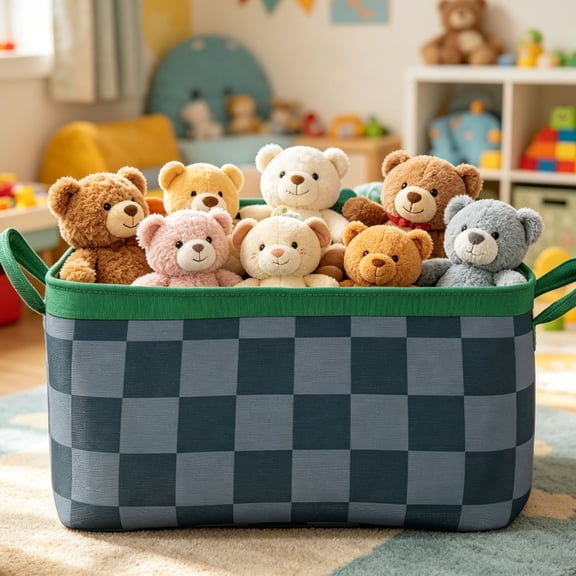 Taicans Blue Checkered Canvas Printed Storage Basket with Handles,Collapsible Storage Bin 15x11x8inch,Decorative Organizer for Closet,Toys,Nursery,Bedroom,Home Organization