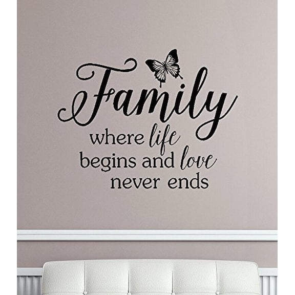 Family Where Live Begins and Love Never Ends, Wall Decals For The Home, Modern Lettering and Quotes, 23x18 , Black