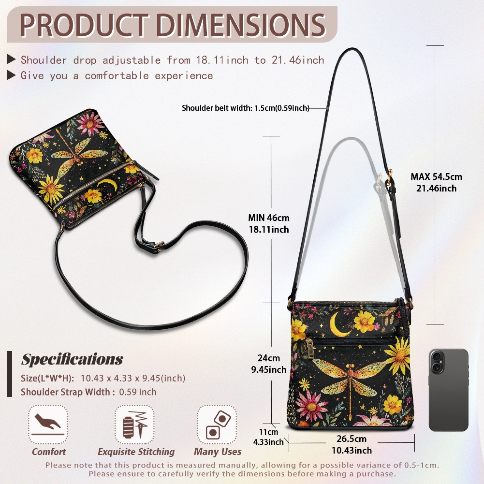 Kuiaobaty Dragonfly Daisy Moon Print Crossbody Bag for Women, Casual Medium Size Vegan Leather Shoulder Handbag Crossbody, Waterproof Sling Purse with Adjustable Strap for Travel