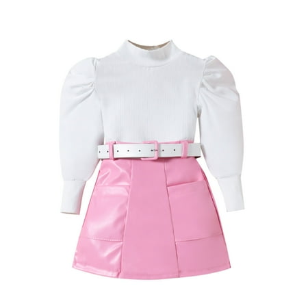 

EnJoCho Casual Outfit for Baby Children s Clothing Small and Middle School Girls Fashion Suit Puffy Sleeve Top +pu Leather Skirt + Belt Three Set Little Children Casual Home Wear Comfort Trendy Set