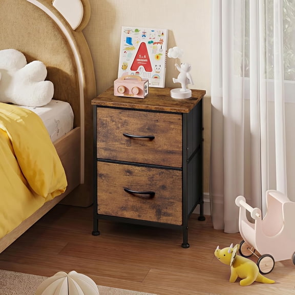 Small Dresser with 2 Drawers and Wooden Top Nightstand with Fabric Bins Bedside Table End Table for Bedroom Closet Entryway College Dorm Rustic Brown