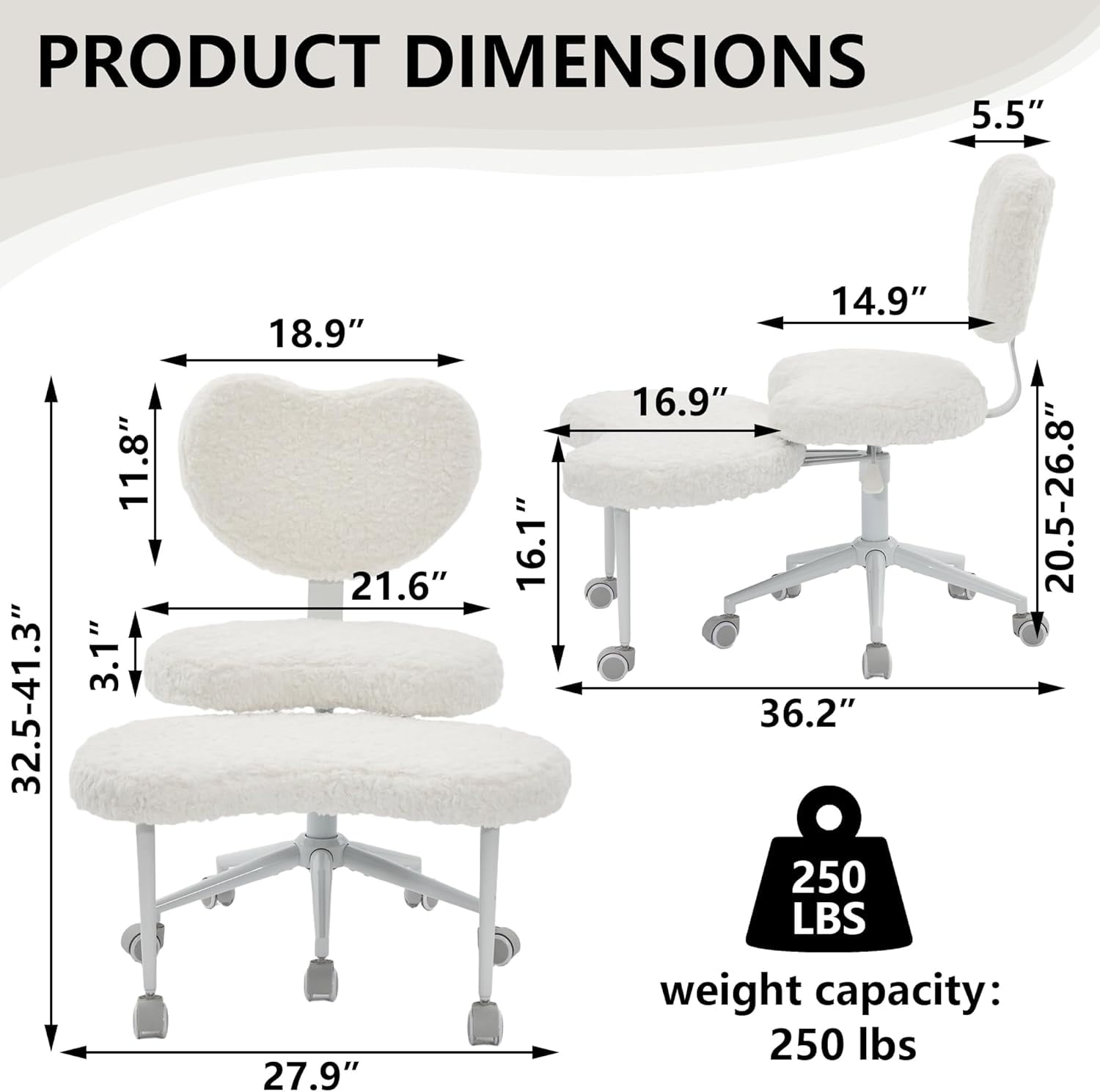 Villeston Cross Legged Office Chair, White Boucle Ergonomic Criss Cross Swivel Desk Chair, Heavy Duty 385 lbs Wide Seat for Meditation& ADHD, Armless