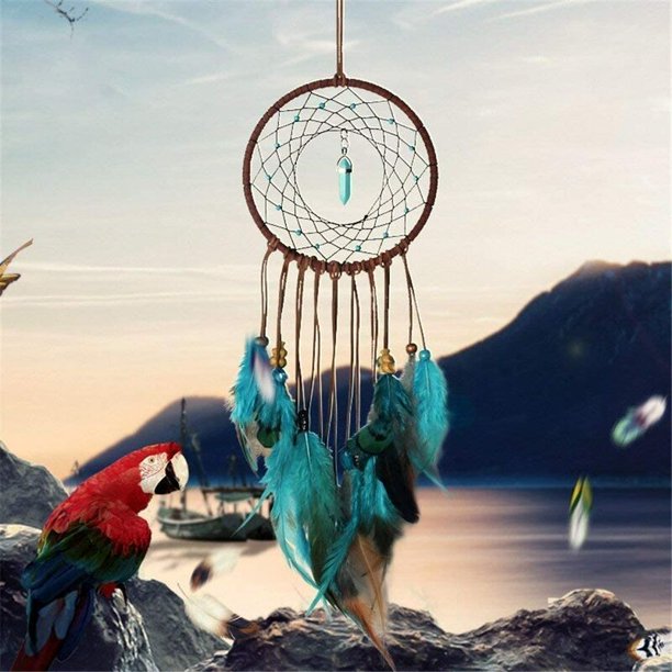 Atrapasueños turquesa del bosque - Atrapasueños hecho a mano con cuentas de plumas exquisitas para niños/coches/dormitorio - Decoración de pared de arte tradicional indio (azul y marrón)