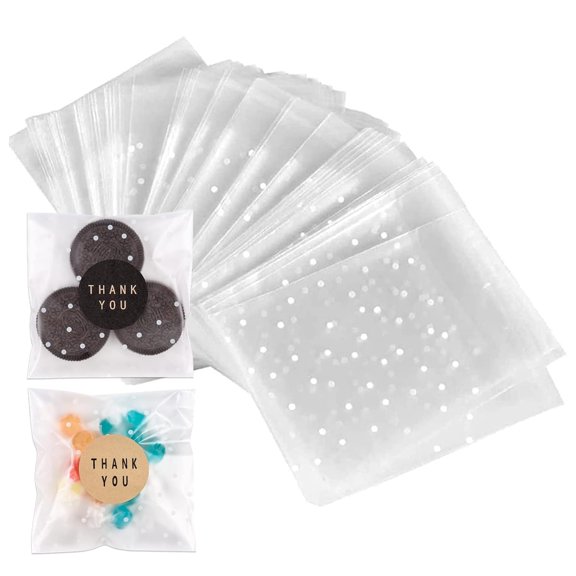 Ksopiavobs 200PACK Self Sealing Cellophane Bags Clear Cookie Bags for Gift Giving Treat bags for Packaging Cookies,Candy,Gifts(White Polka Dot,4x4Inches)