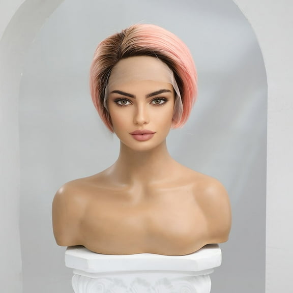 Short Blonde Human Hair Wigs, 13x1 Lace Front Wig with Side Pixie Cut Bangs for Women and Girls
