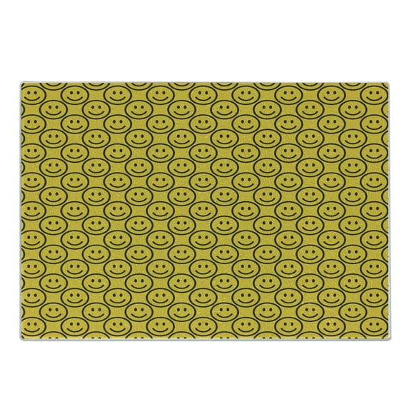 Emoticon Cutting Board, Smiling Faces Expressing Happiness in Diagonal Joyful, Decorative Tempered Glass Cutting and Serving Board, Small Size, Dark Army Green and Yellow, by Ambesonne