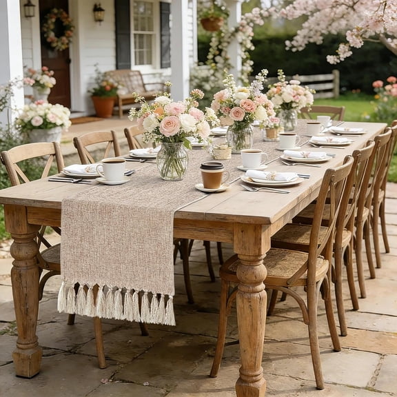 KKFEN-Boho Table Runner 90 inches Long- Rustic Burlap Linen Table Runner for Spring Wedding Decor, Bohemian Dresser Runners for Bedroom, Dining Table,Kitchen