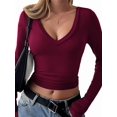 thumbnail image 2 of Long Sleeve Shirts for Women Fall Fashion V Neck Basics Crop Tops Slim Fitted Y2K Tops Outfits Clothes Wine Red XL, 2 of 8