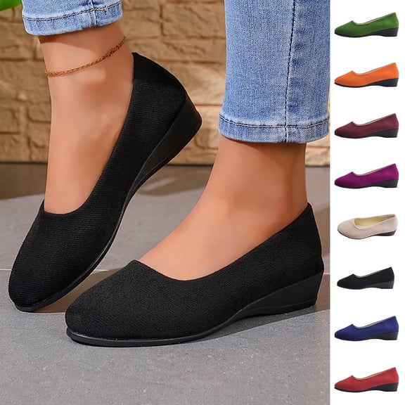 HomeDM Women's Ballet Flats Low Wedge Round Toe Slip-On Comfort Walking Shoes Casual Business Office Dress Shoes, Black Size 5.5