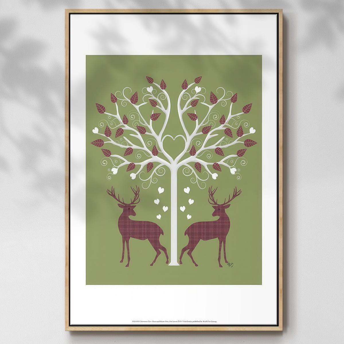 Christmas Des - Deer and Heart Tree, Pink On Green - Framed Gallery Wrapped Holiday Canvas - 27 x 41 - Natural Wood Frame