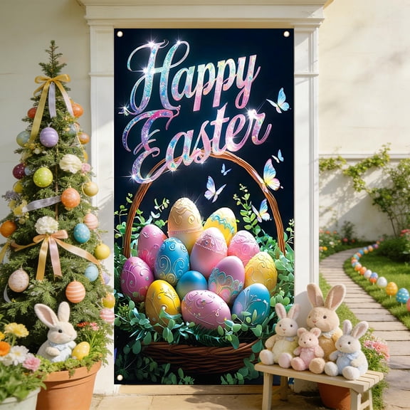 Antqov Happy Easter Door Cover 71x35" Easter Bunny Eggs Door Cover Hanging Banners Signs Spring Backdrops Party Decoration for Outdoor Home Party Holiday Supplies
