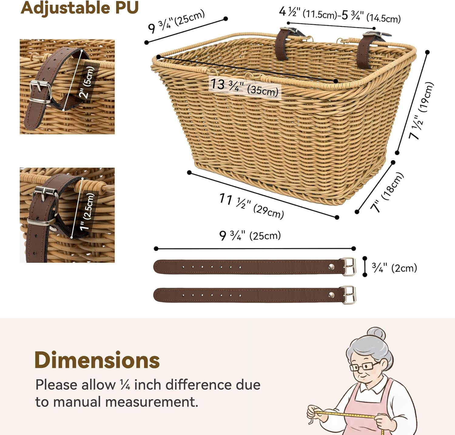 GRANNY SAYS Bike Basket, Wicker Basket for Bike, Hand-Woven Bicycle Basket, Detachable Wicker Front Handlebar Bike Basket