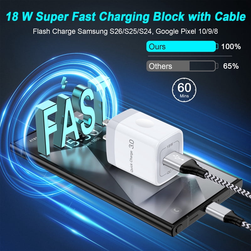 QC 3.0 Fast Wall Charger Block, 18W Phone Charger with 6FT Type-C Cable, Power Adapter Compatible with iPhone 17/16/15 Pro Max iPad Pro Galaxy S26 Android,White
