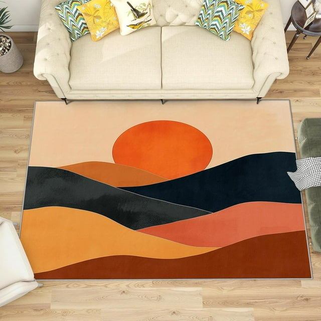 2x3 Rug, Boho Sun Door Mat Washable Non Slip Soft for Entryway, Bohemian Mountain Rug, Abstract Minimalist Carpet, Boho Sun Home Decor & Gifts