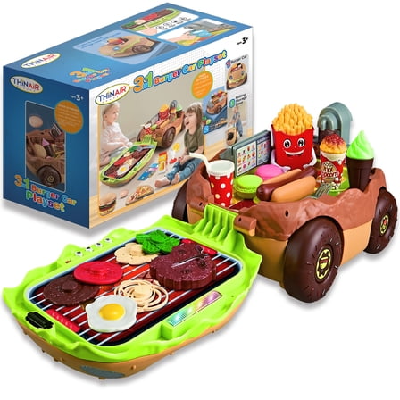 Thin Air Toys Burger Car Kids’ Kitchen Playset with Lights & Sounds | Cute Burger-Shaped Toy Car Unfolds to Reveal Toy Grill, Realistic Toy Food & Toy Restaurant / Food Truck for Kids 3 & Up