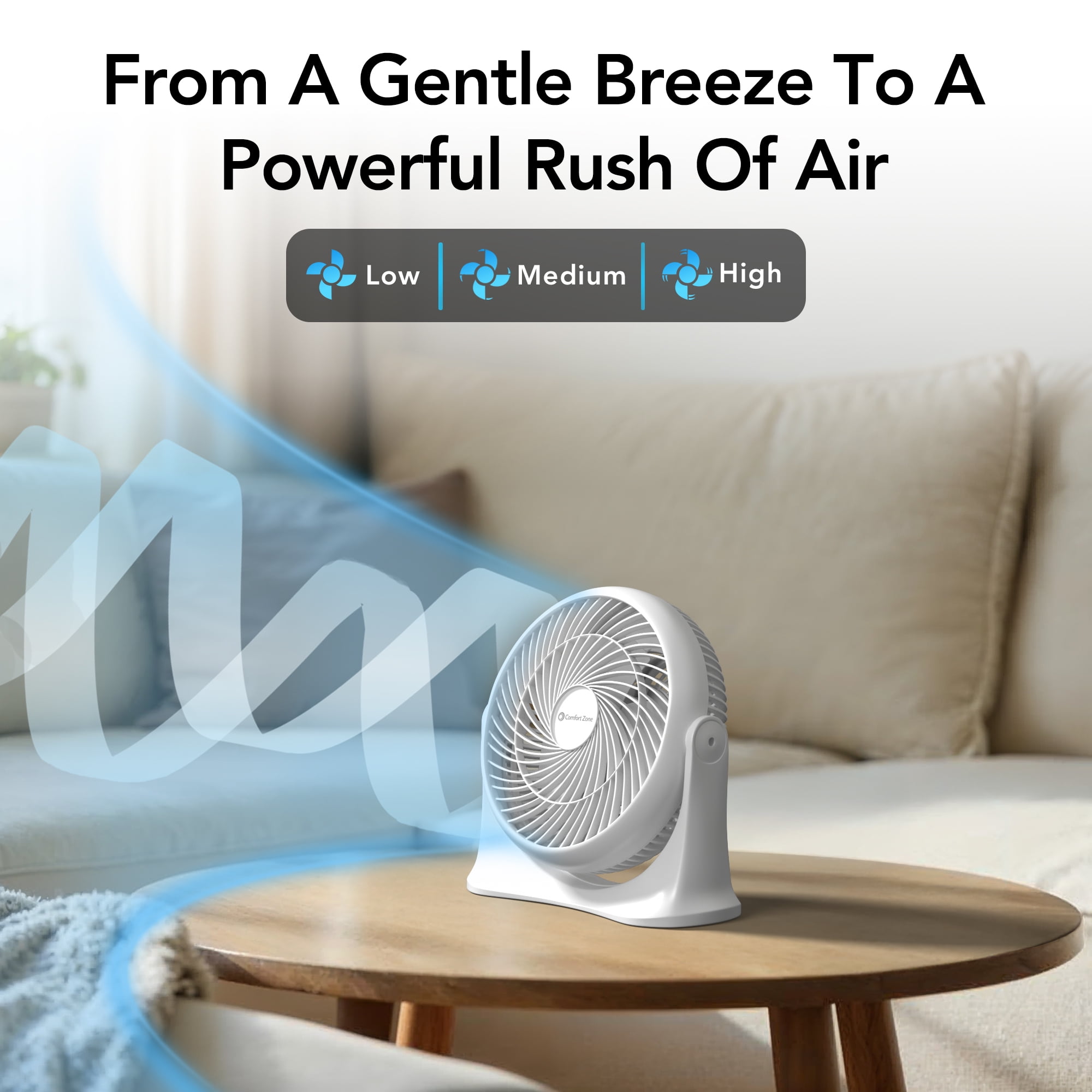 Comfort Zone 11 in. Desktop Table Fan with 3 Speeds, Adjustable Tilt, White