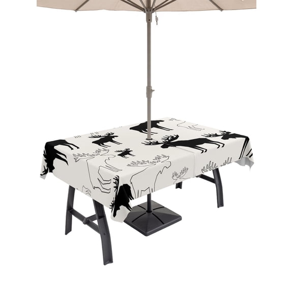 Outdoor Tablecloth with Umbrella Hole for Patio/Picnic/Party/Camping, Black Moose Waterproof Table Cloth Rectangle Table Cover Washable, Modern Abstract Art (60"x 102")