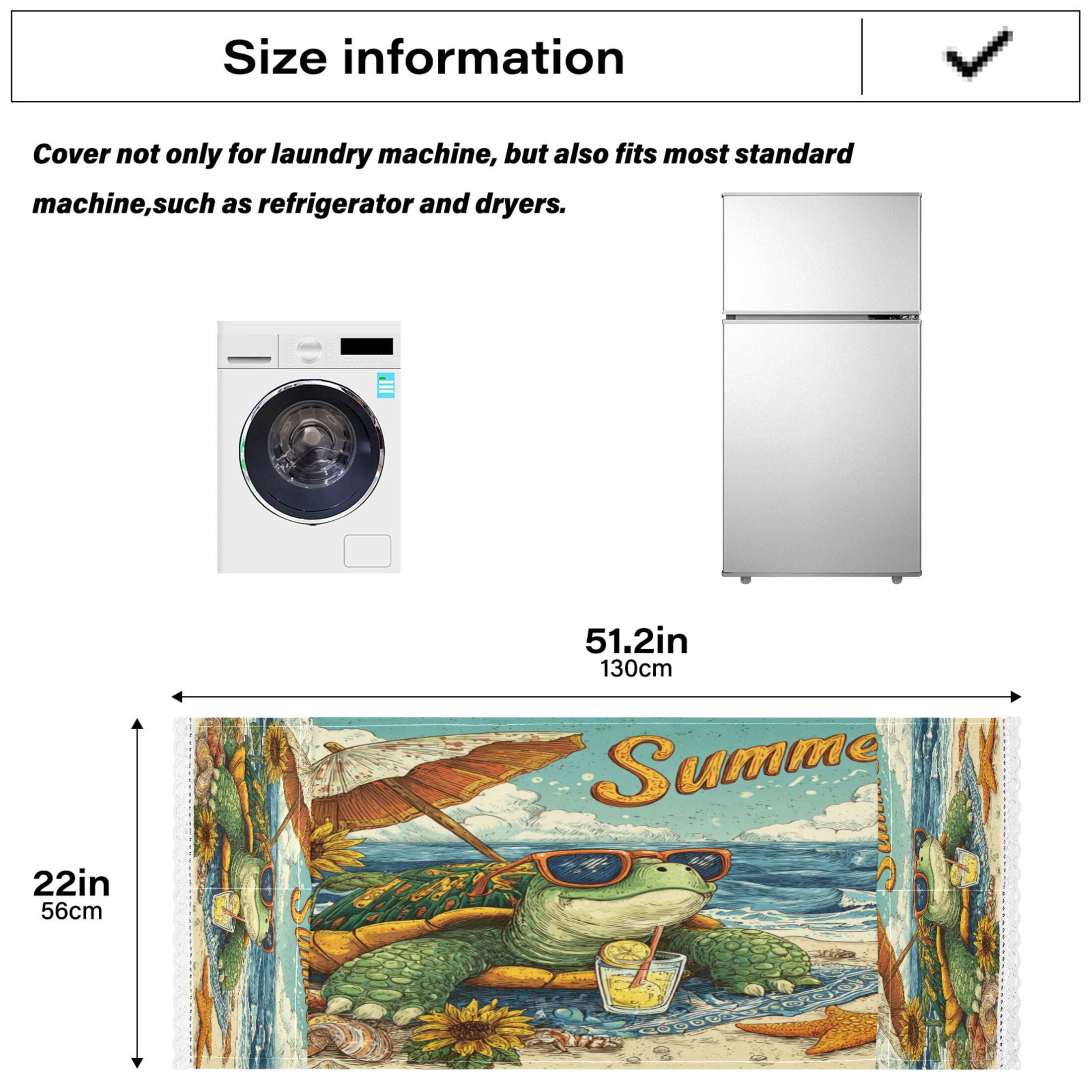 Washing Machine Cover 51.2x22in, Durable Polyester Dust Cover with Lace Trim and Side Pocket for Appliances Summer Turtle