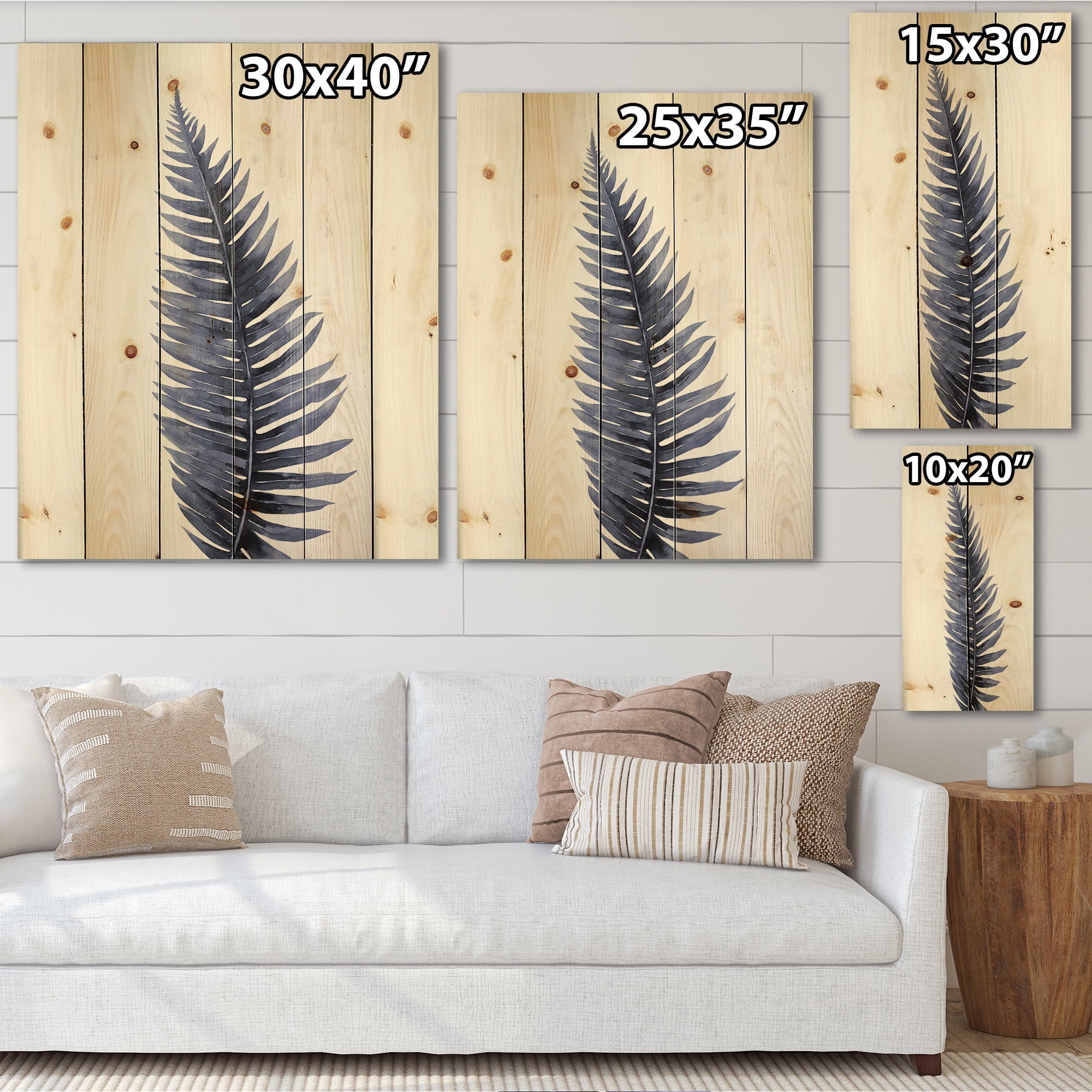 Designart 'Tropical Blue Watercolour Leaves On White' Bohemian & Eclectic Print on Natural Pine Wood