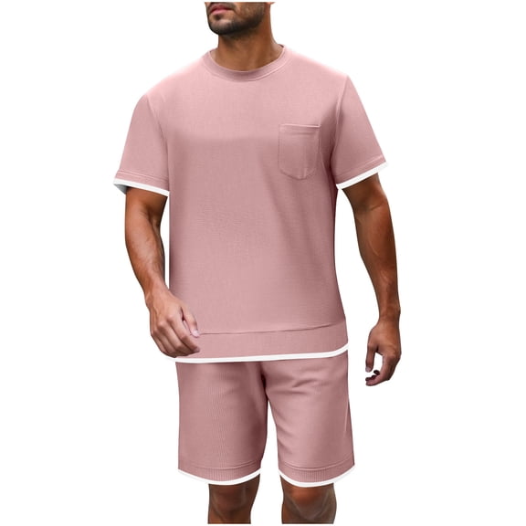 Ohufall Outfits for Men 2 Pieces Set Fashion Solid Casual Round Neck Tee Shirts with Shorts Summer Loose Brethable Outdoor Sport Sets
