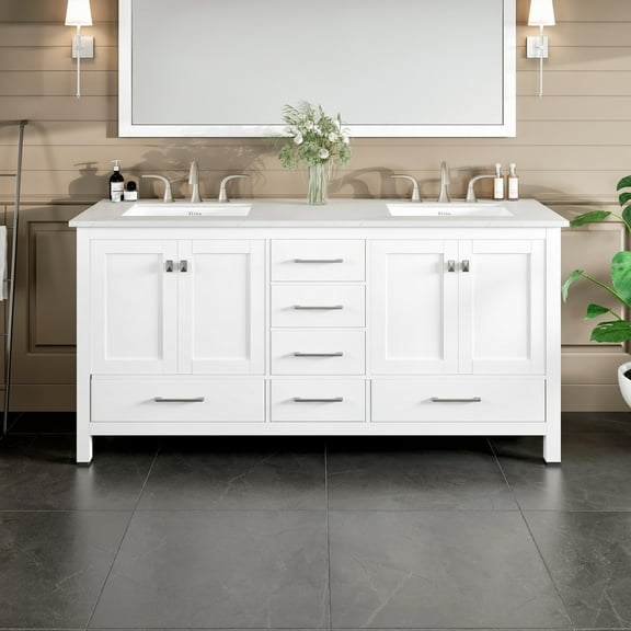eviva  Aberdeen 72"W x 22"D White Double Sink Vanity with White Carrara Quartz Vanity Top