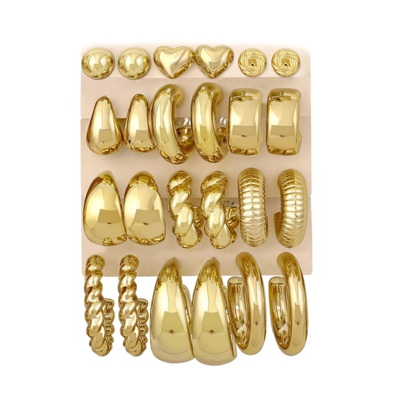 12 Pairs Chunky Golden Hoop Earrings for Women, Hypoallergenic Lightweight Trendy Set, Thick Open Twisted Huggie Hoops Earring Stack