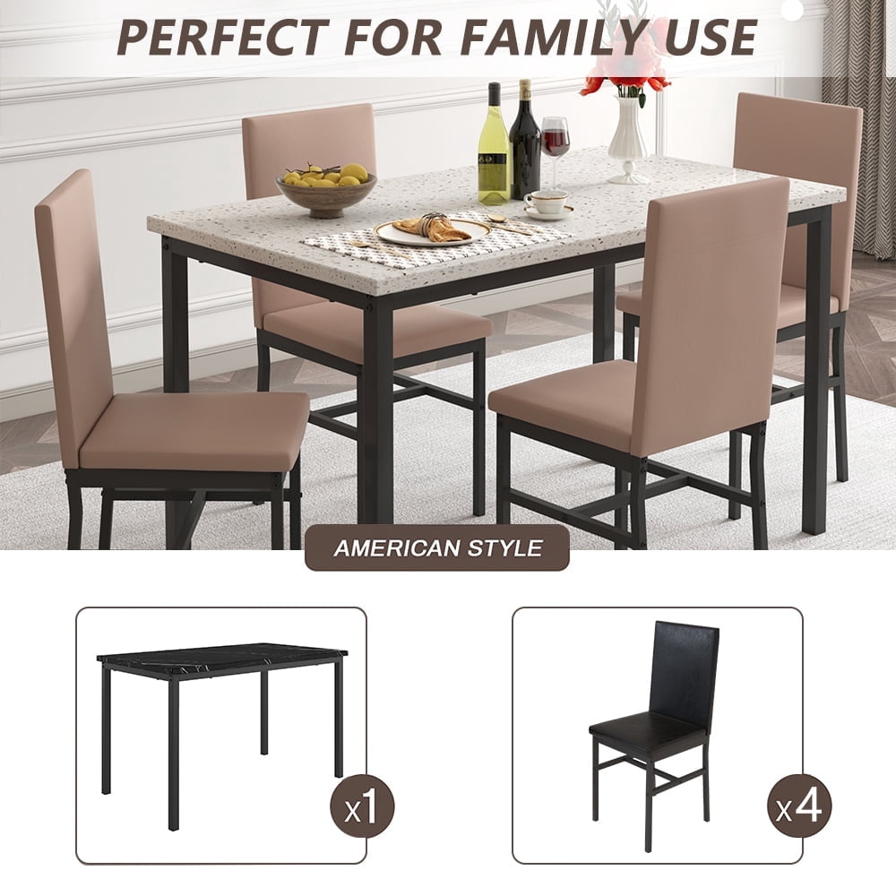 4-Person Dining Set, Modern Marble Dining Set, Includes Four PU Leather Upholstered Chairs, Rectangular Dining Table, Suitable for Apartments, Kitchens, and Dining Rooms.