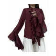 thumbnail image 2 of Womens Casual Blouses Flared Sleeve Stand Collar Ruffle Tops Summer Trendy Vacation Shirt Wine Red L, 2 of 10