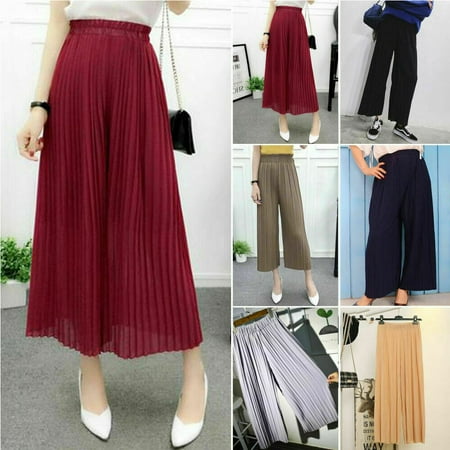 - Multitrust Women's Solid Pleated Chiffon Wide Leg Pants Elastic Waist Loose Trousers