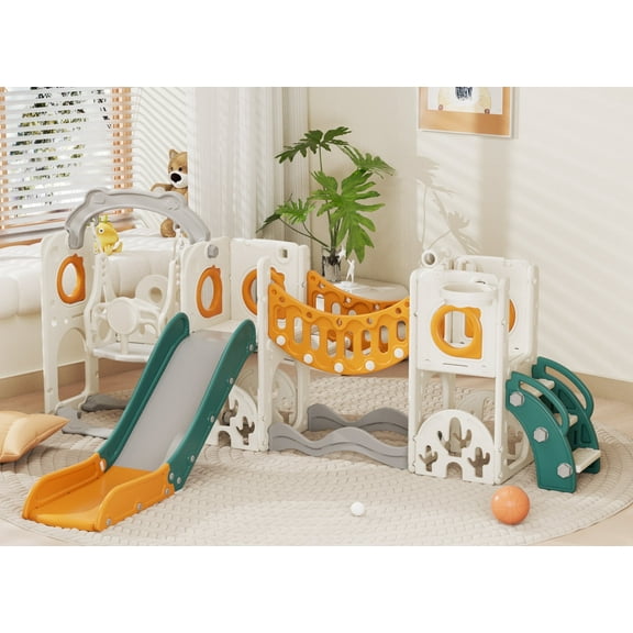 XJD 11 in 1 Toddler Slide and Swing Set, Kids Slide for Toddlers, Outdoor Indoor Playground for Toddlers 1-3, Toddler PlaySet with Basketball Hoop, Golf Set, Climbing Arch(Yellow Green)