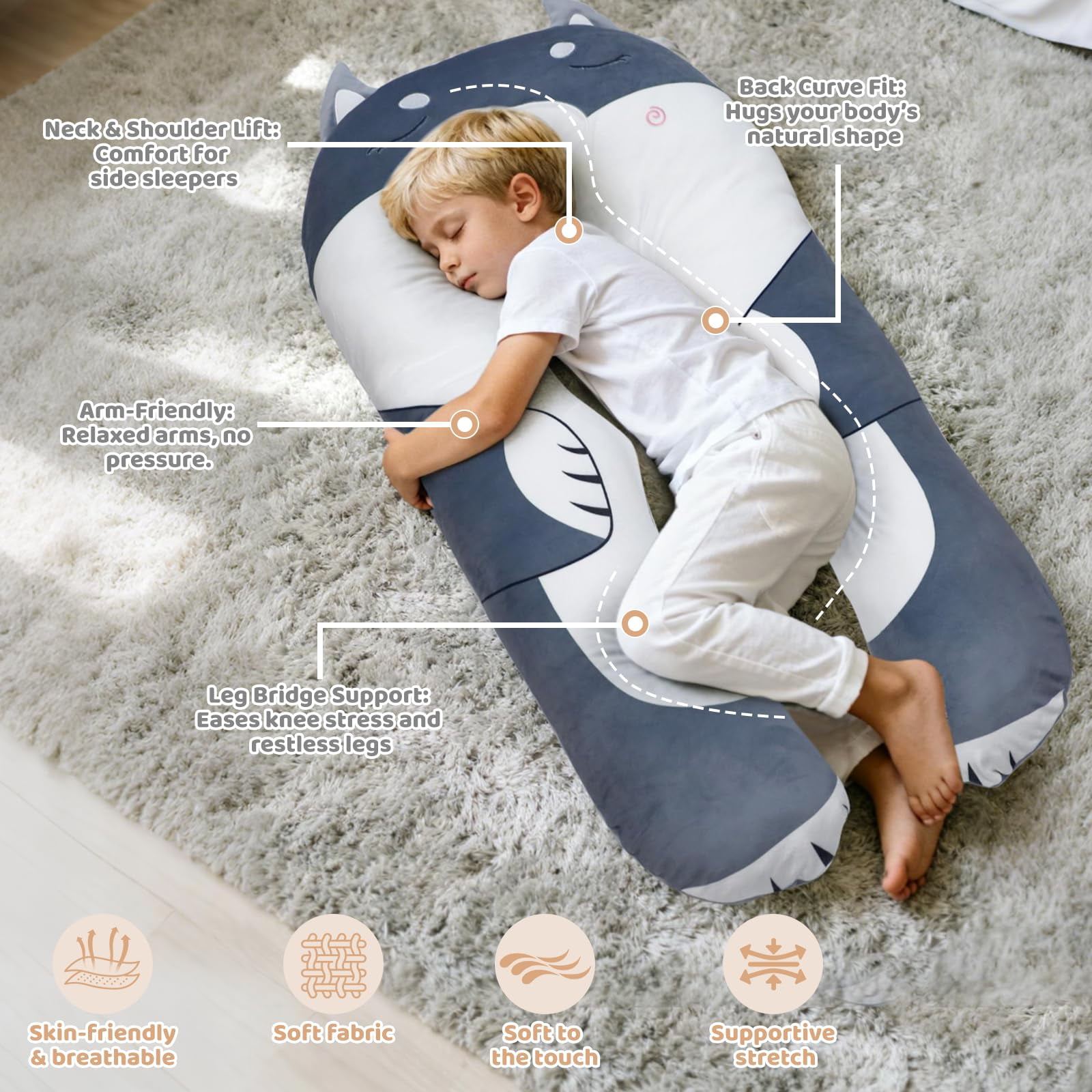 IFOYO 43" U Shaped Kids Full Body Pillow, Minky Cuddle Pillow for Sleeping ADHD Sensory Relief, Washable Cover for Boys Girls