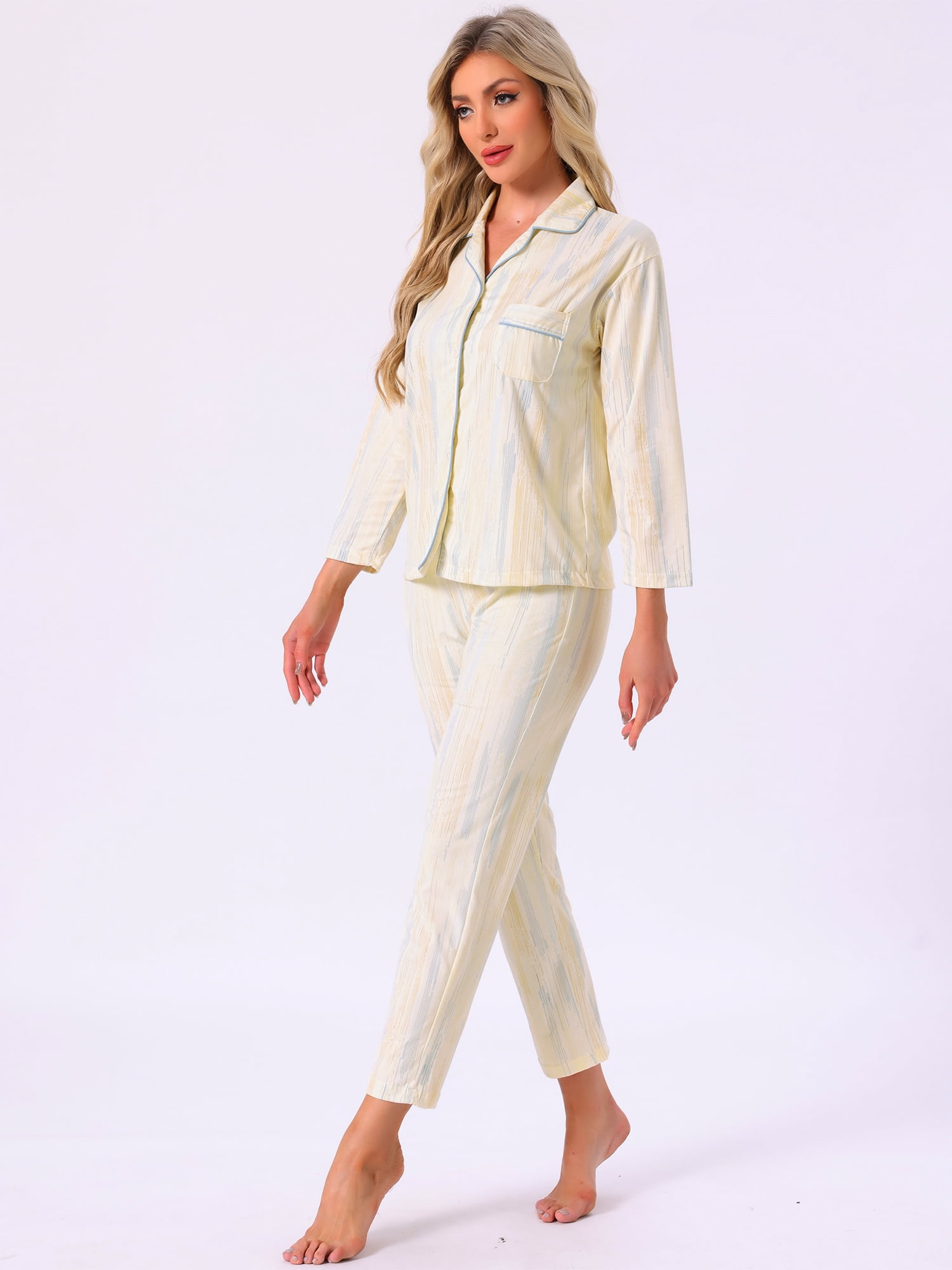 DARING DIVA Women's Cotton Button Down Long Sleeve Shirt and Pants Pajama Sets M Beige