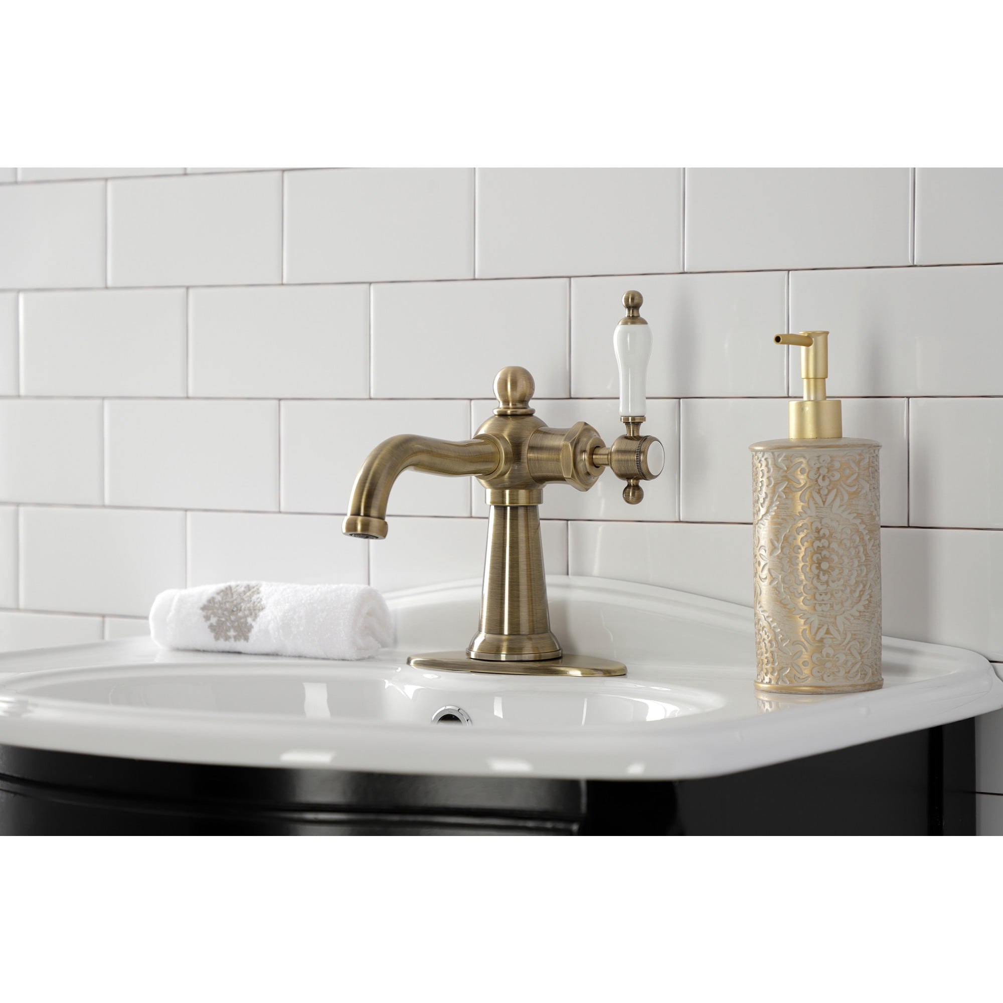 Kingston Brass KSD154KLAB Nautical One-Handle Single-Hole Bathroom Faucet with Deck Plate and Push Pop-Up Drain, Antique Brass