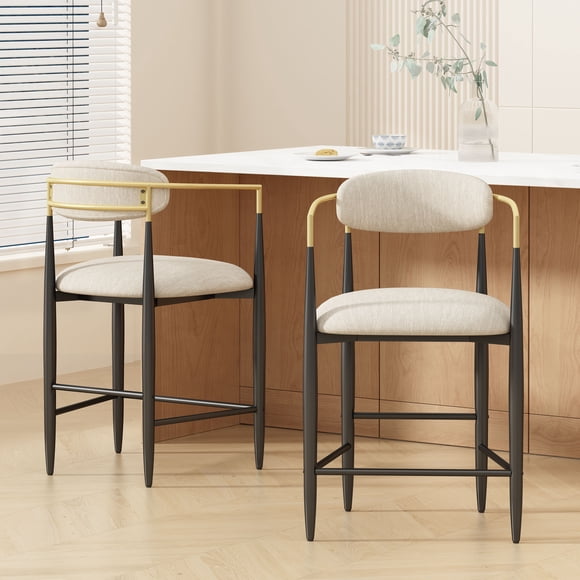 Noble House Modern Counter Stool Set of 2,Curved Open Backrest,Upholstered,Beige