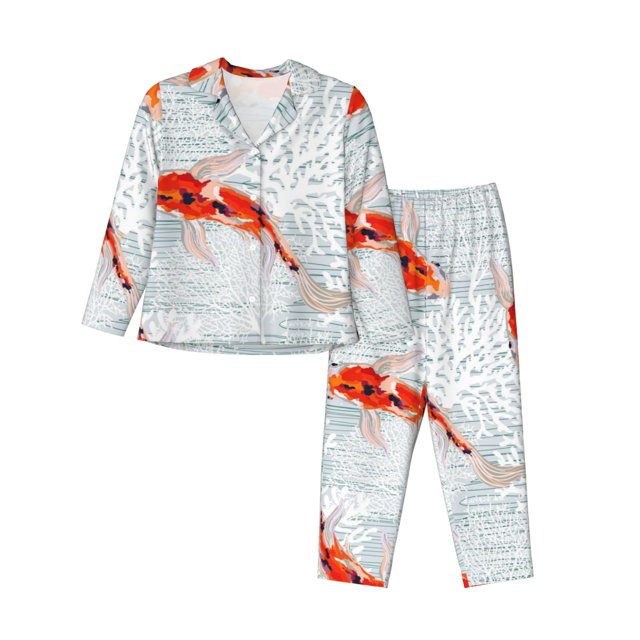 Balery Koi Fish Corals,Spring Summer Conjunto de Pijama con Estampado para Mujer, Conjunto de Dos Piezas con Manga Larga, Ropa de Dormir Suave con Bolsillos, Pijamas Cómodos-Small